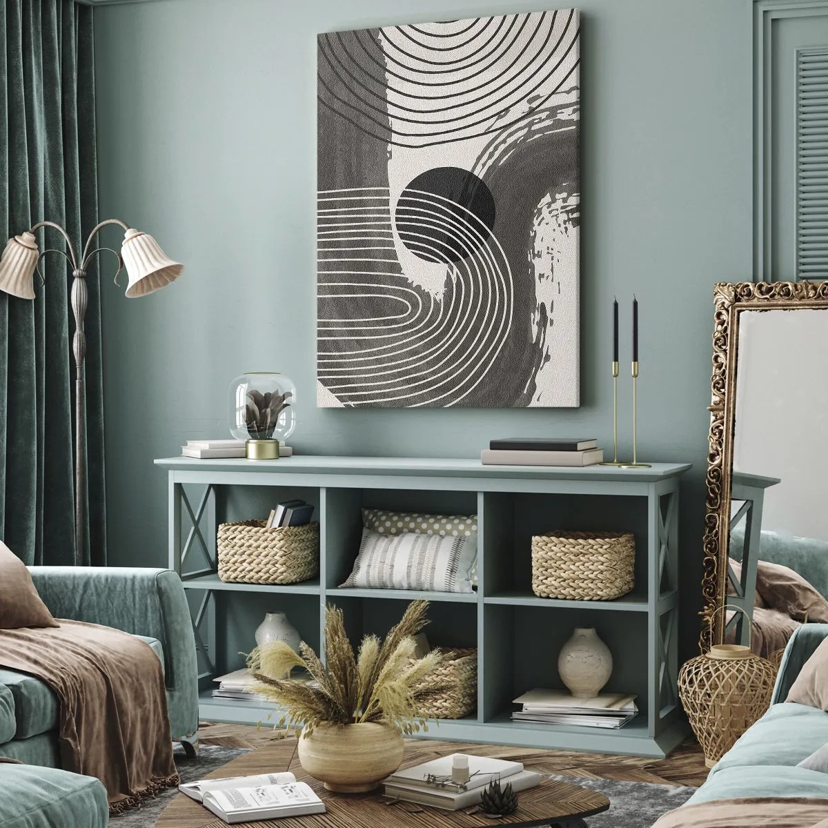 Bild auf Leinwand - Leinwandbild - Geometrische Linien und Ovale in monochromen Farbtönen - 50x70cm - Oval gewinnt - Moderne Wanddekoration für Wohnzimmer und Schlafzimmer ARTTOR