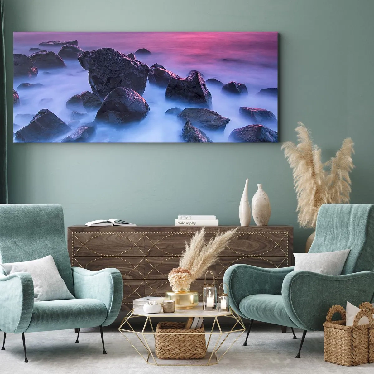 Bild auf Leinwand - Leinwandbild - Felsige Küste bei Sonnenuntergang - 160x50cm - Geburt bei Licht und Nebel - Moderne Wanddekoration für Wohnzimmer und Schlafzimmer ARTTOR