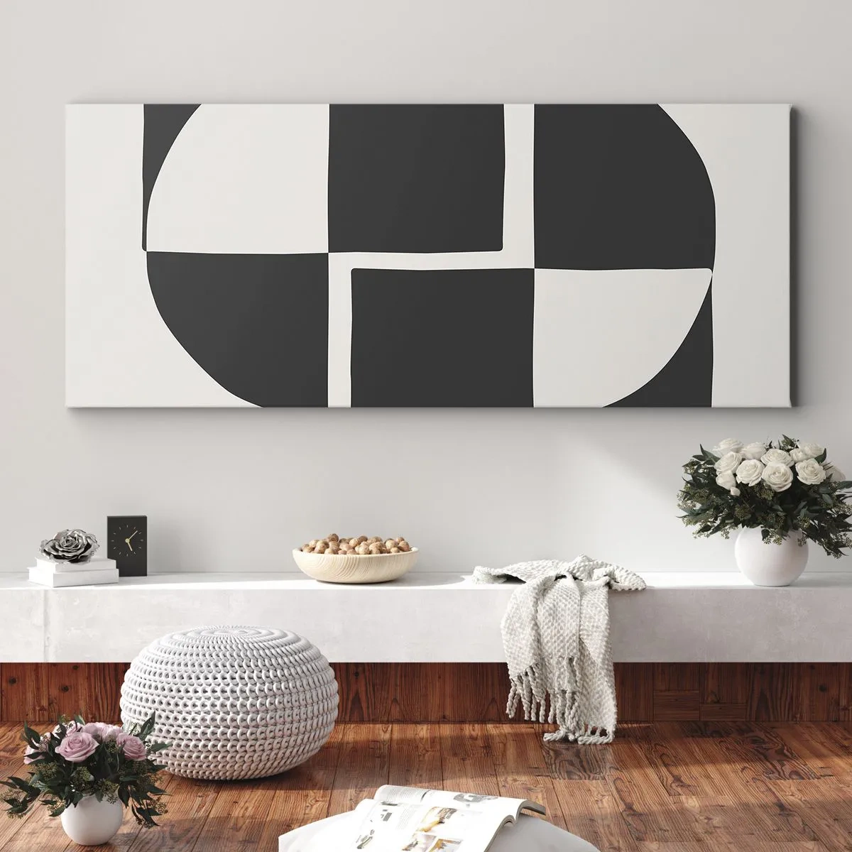 Bild auf Leinwand - Leinwandbild - Abstrakte geometrische Formen in Schwarz und Weiß - 140x50cm - Antithese - Synthese - Moderne Wanddekoration für Wohnzimmer und Schlafzimmer ARTTOR