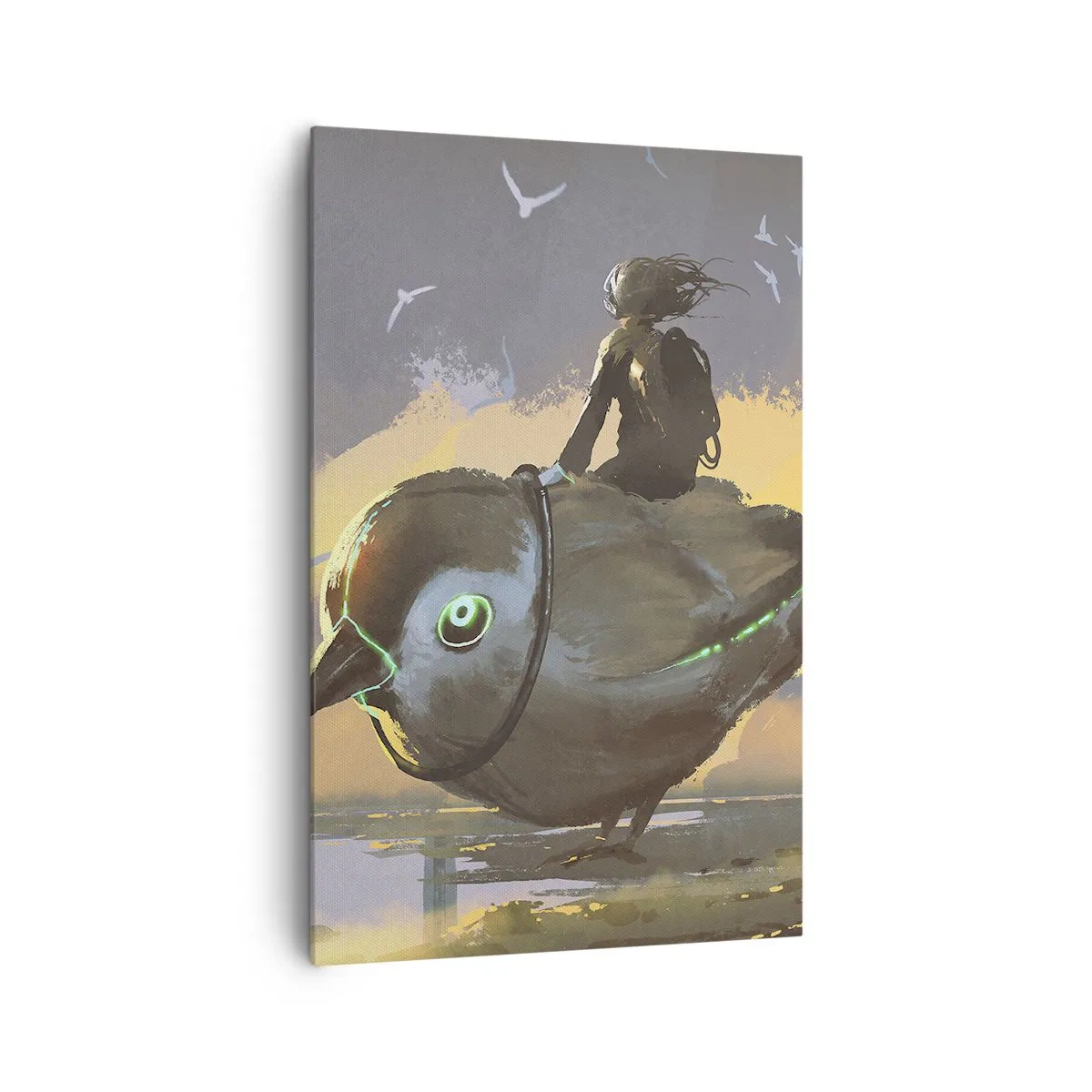 Bild auf Leinwand - Leinwandbild - Reiter auf einem riesigen Vogel in einer surrealen Landschaft - 80x120cm - Ein Stopp auf einer fantastischen Reise - Moderne Wanddekoration für Wohnzimmer und Schlafzimmer ARTTOR