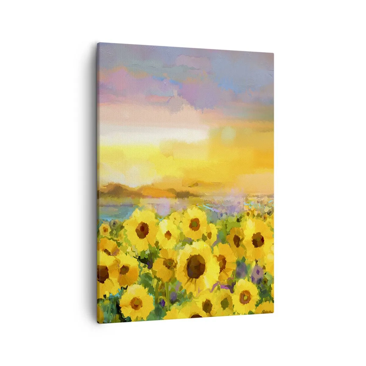 Bild auf Leinwand - Leinwandbild - Ein Sonnenblumenfeld im Licht der untergehenden Sonne - 50x70cm - Die Sonne selbst ist auf die Erde herabgestiegen - Moderne Wanddekoration für Wohnzimmer und Schlafzimmer ARTTOR