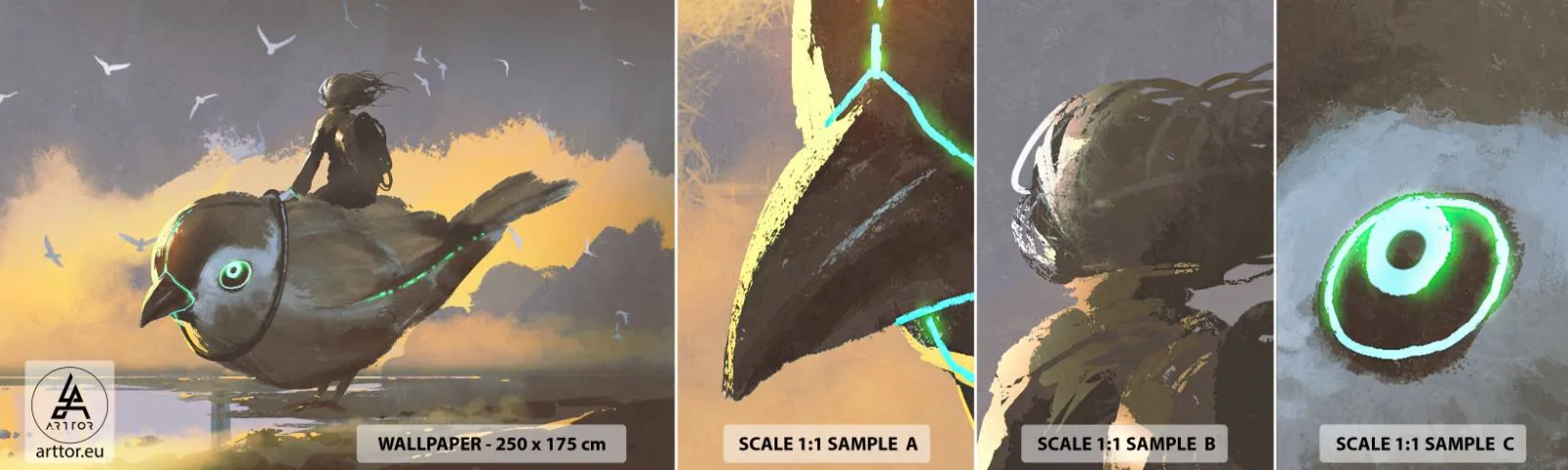 Fototapeten Muster Selbstklebend Deluxe Sticker - Ein Stopp auf einer fantastischen Reise - Abstraktion, Vogel, Fantasie - 100x30 cm