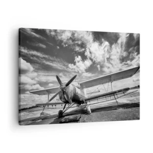 Bild auf Leinwand - Leinwandbild - Ein altes Flugzeug auf dem Flughafen in Schwarz und Weiß - 70x50cm - Ich kann es kaum erwarten! - Moderne Wanddekoration für Wohnzimmer und Schlafzimmer ARTTOR