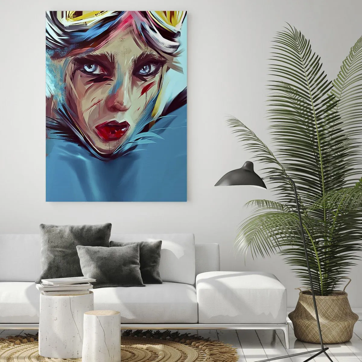 Glasbild - Bild auf glas - Porträt einer Frau mit Schutzbrille und blauen Pinselstrichen - 50x70cm - Strassenkämpferin - Moderne Wanddekoration für Wohnzimmer und Schlafzimmer ARTTOR