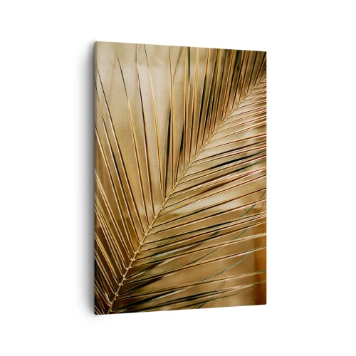 Bild auf Leinwand - Leinwandbild - Goldenes Palmblatt auf einem einfarbigen Hintergrund - 50x70cm - Natürliche Kolonnade - Moderne Wanddekoration für Wohnzimmer und Schlafzimmer ARTTOR