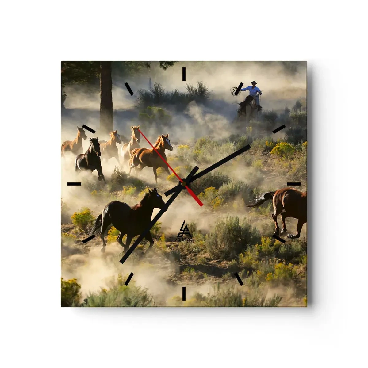 Wanduhr - Glasuhr - Eine Herde wilder Pferde galoppiert durch Staub und Vegetation - 30x30cm - Rivalität – Freiheit oder männliche Stärke? - Moderne Wanddekoration für Wohnzimmer und Schlafzimmer ARTTOR