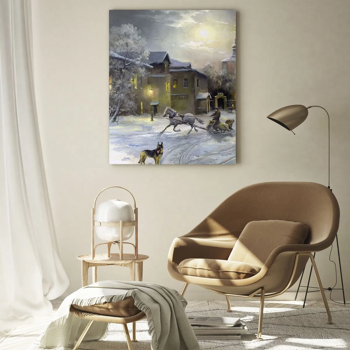 Glasbild - Bild auf glas - Winterlandschaft in einer russischen Stadt mit Schlitten und Kirche - 70x100cm - Die Magie des russischen Winters - Moderne Wanddekoration für Wohnzimmer und Schlafzimmer ARTTOR