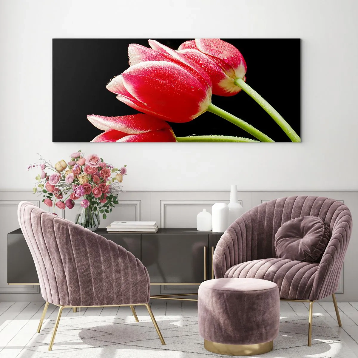Glasbild - Bild auf glas - Rote Tulpen mit Tautropfen auf schwarzem Hintergrund - 140x50cm - Ein Versprechen der reinen Liebe - Moderne Wanddekoration für Wohnzimmer und Schlafzimmer ARTTOR