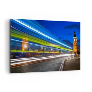 Bild auf Leinwand - Leinwandbild - Big Ben bei Nacht mit der Wirkung von Lichtern im Straßenverkehr - 120x80cm - Unter den wachsamen Augen von Big Ben - Moderne Wanddekoration für Wohnzimmer und Schlafzimmer ARTTOR