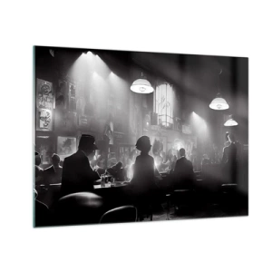 Glasbild - Bild auf glas - Schwarz-weiße Jazzbühne im Club-Interieur - 70x50cm - In Jazz-Atmosphäre - Moderne Wanddekoration für Wohnzimmer und Schlafzimmer ARTTOR