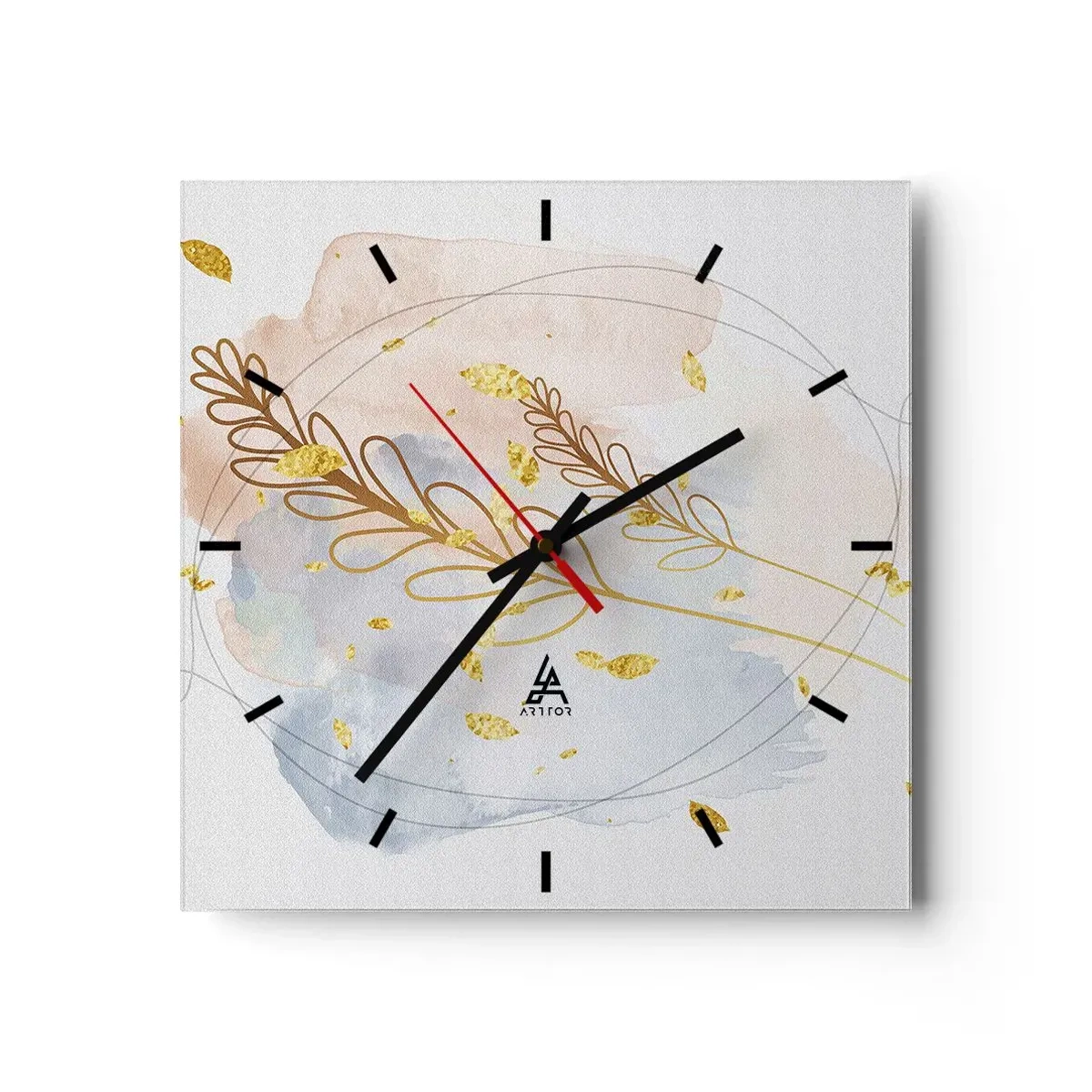 Wanduhr - Glasuhr - Ein zartes goldenes Blattmotiv auf pastellfarbenem Hintergrund mit Aquarelldetails. - 30x30cm - Goldenr Hauch - Moderne Wanddekoration für Wohnzimmer und Schlafzimmer ARTTOR