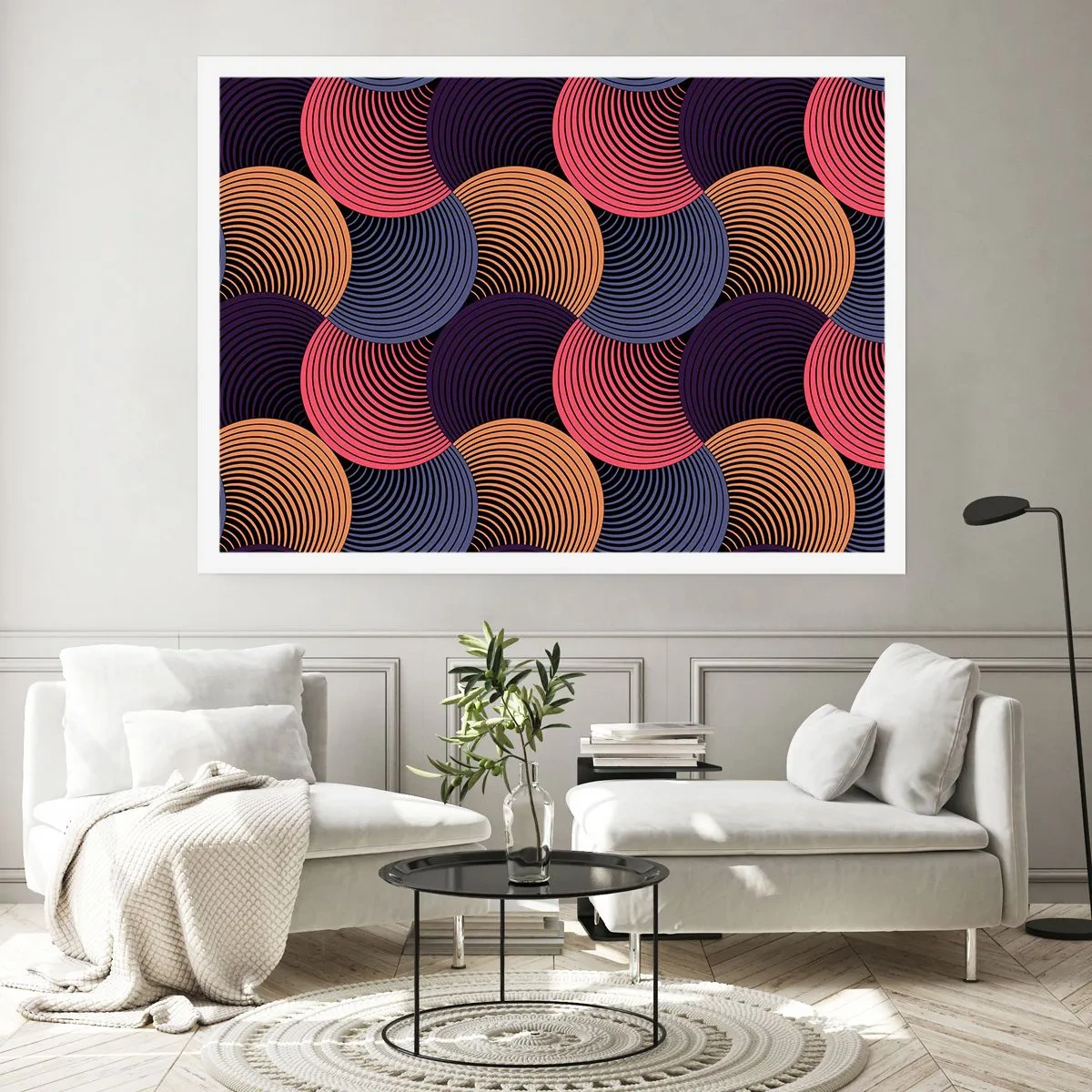 Poster - Geometrische Kreise in Rosa-, Lila- und Goldtönen - 100x70cm - Im kreisenden Rhythmus - Moderne Wanddekoration für Wohnzimmer und Schlafzimmer ARTTOR