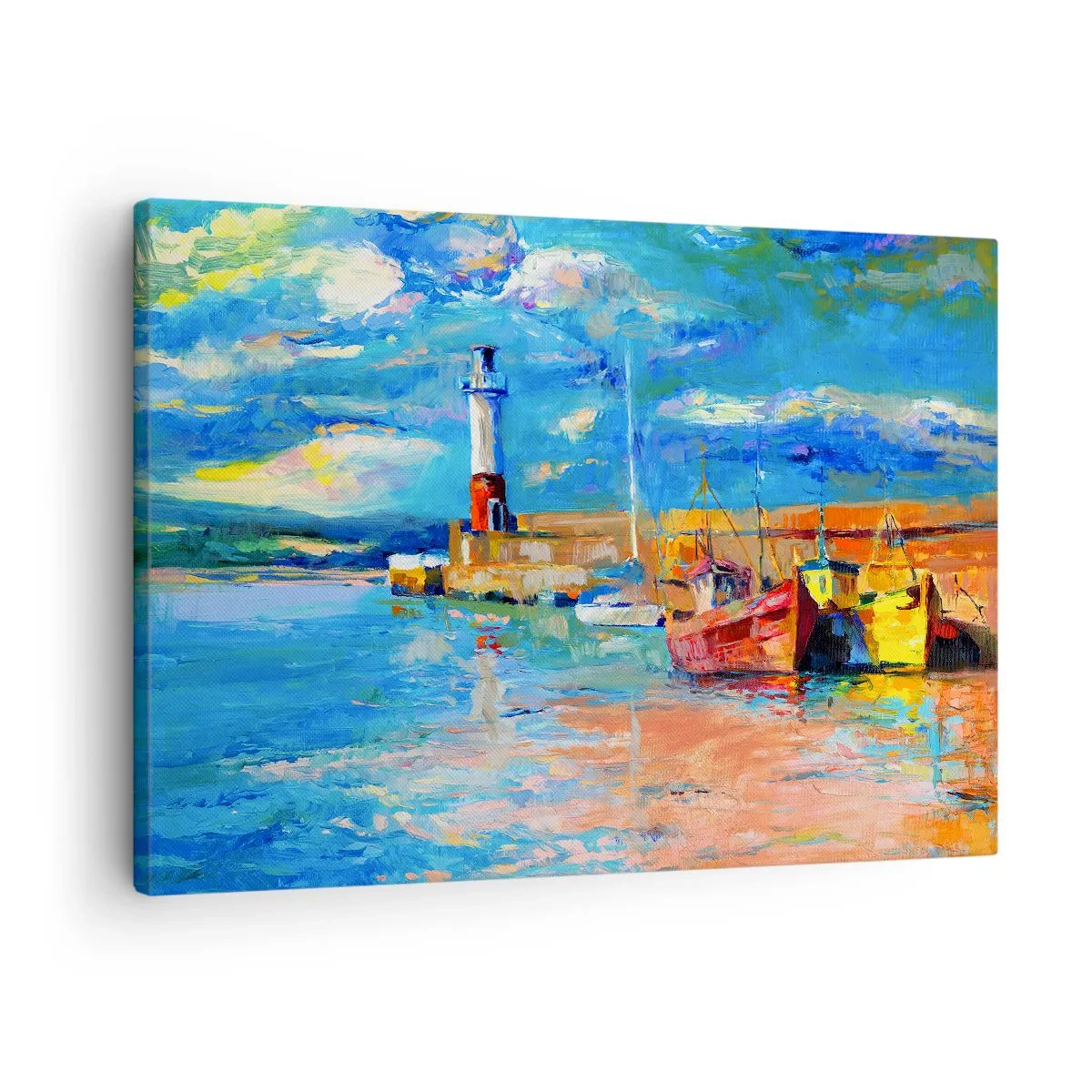Bild auf Leinwand - Leinwandbild - Fischerhafen mit Booten und einem Leuchtturm in leuchtenden Farben - 70x50cm - Ein Nachmittag in der Regenbogenbucht - Moderne Wanddekoration für Wohnzimmer und Schlafzimmer ARTTOR