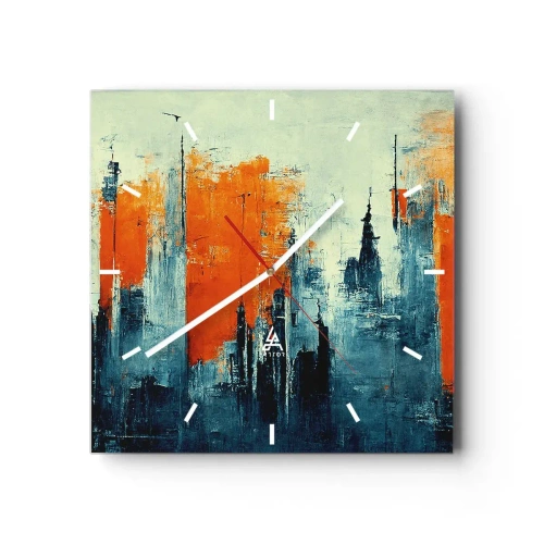 Wanduhr - Glasuhr - Abstrakte Stadtlandschaft in Orange- und Blautönen - 30x30cm - Moderne Landschaft - Moderne Wanddekoration für Wohnzimmer und Schlafzimmer ARTTOR