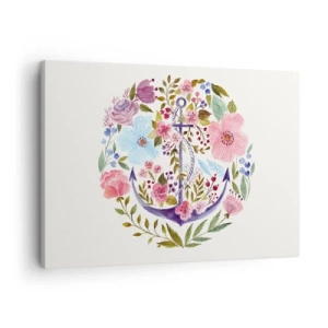 Bild auf Leinwand - Leinwandbild - Ein Anker, umgeben von Aquarellblumen auf hellem Hintergrund - 70x50cm - Guter Traum eines Seemanns - Moderne Wanddekoration für Wohnzimmer und Schlafzimmer ARTTOR