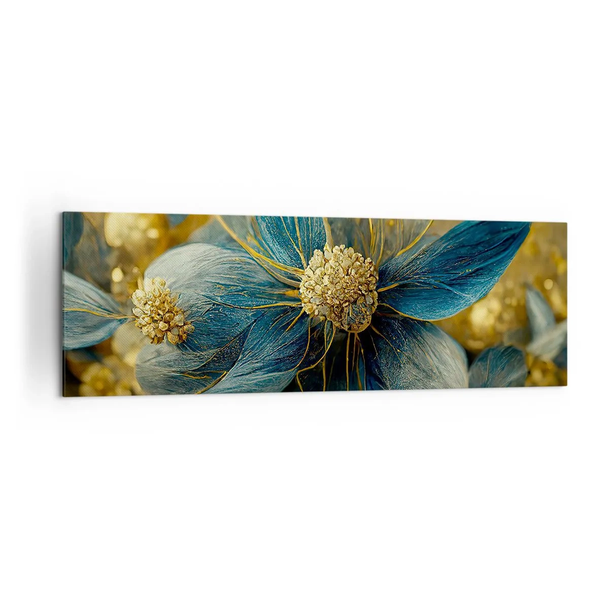 Bild auf Leinwand - Leinwandbild - Elegante Blumen in Blau- und Goldtönen - 160x50cm - Mit Gold blühen - Moderne Wanddekoration für Wohnzimmer und Schlafzimmer ARTTOR