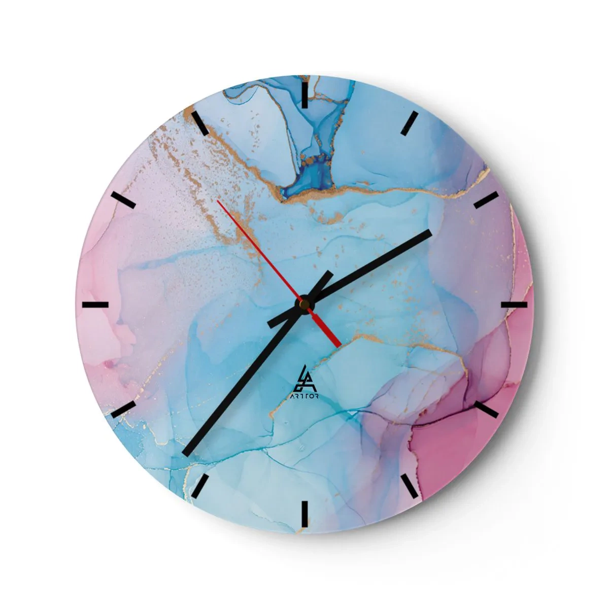 Wanduhr - Glasuhr - Abstraktion in Pastellfarben mit goldenen Akzenten - 30x30cm - Begegnung und Durchdringung - Moderne Wanddekoration für Wohnzimmer, Küche und Schlafzimmer ARTTOR