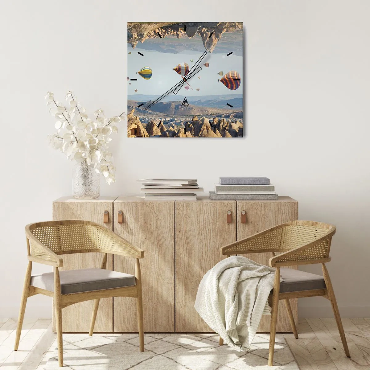Wanduhr - Glasuhr - Bunte Ballons über einer felsigen Landschaft - 30x30cm - Hier ist alles möglich - Moderne Wanddekoration für Wohnzimmer und Schlafzimmer ARTTOR