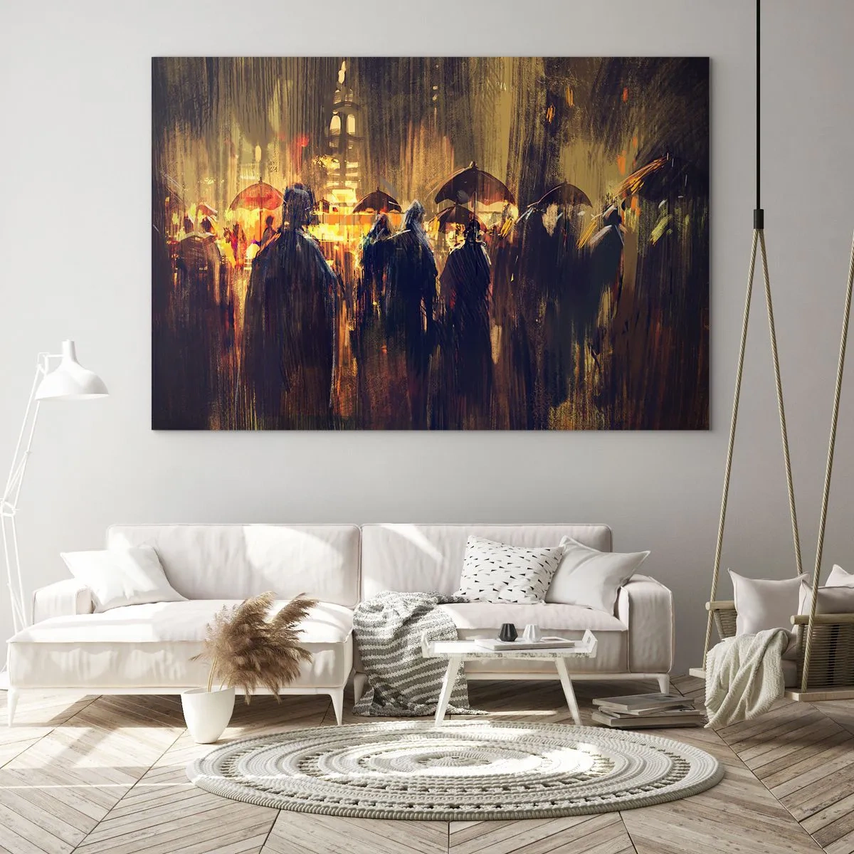 Glasbild - Bild auf glas - Eine Menschenmenge mit Regenschirmen im Regen vor der Kulisse der Lichter der Stadt - 70x50cm - Anhänger des Regens - Moderne Wanddekoration für Wohnzimmer und Schlafzimmer ARTTOR