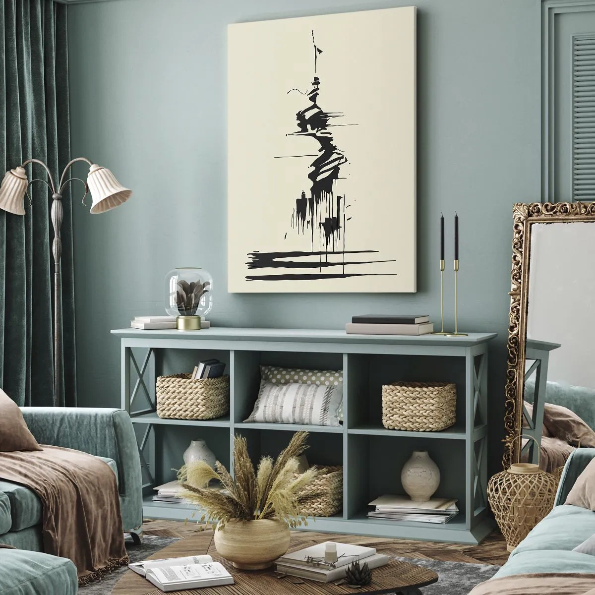 Bild auf Leinwand - Leinwandbild - Minimalistische Abstraktion mit schwarzen Linien auf hellem Hintergrund - 50x70cm - Hastige Abstraktion - Moderne Wanddekoration für Wohnzimmer und Schlafzimmer ARTTOR