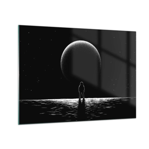 Glasbild - Bild auf glas - Astronaut steht vor einem Planeten in Schwarzweiß - 70x50cm - Angesicht zu Angesicht - Moderne Wanddekoration für Wohnzimmer und Schlafzimmer ARTTOR