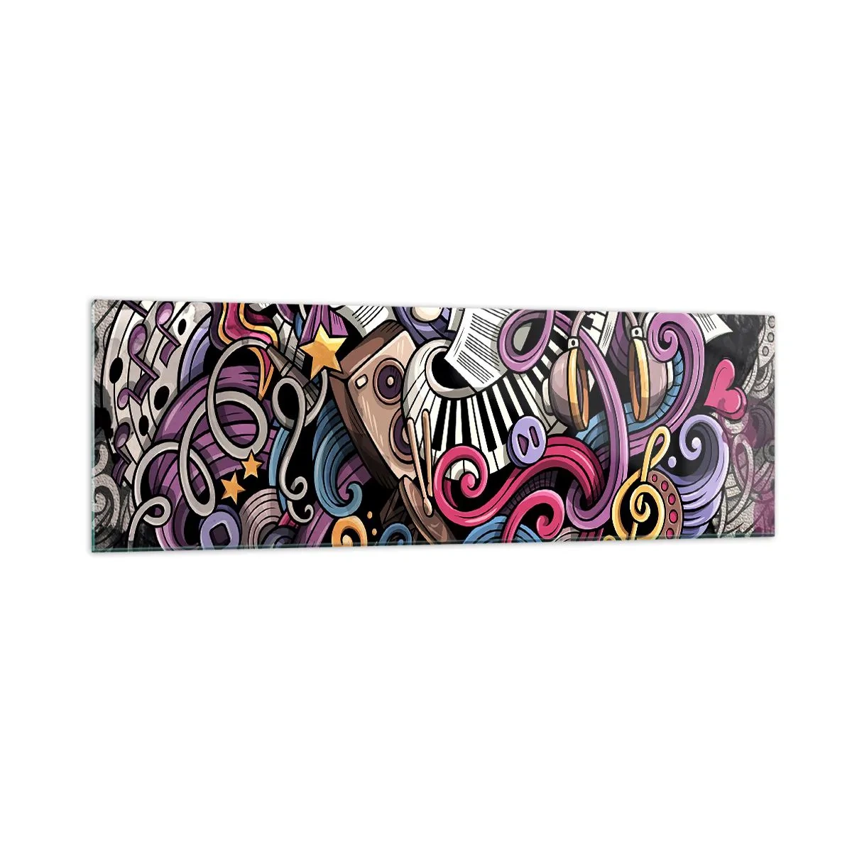 Glasbild - Bild auf glas - Eine musikalische Abstraktion voller farbenfroher Instrumente und Noten. - 160x50cm - Komplizierte Melodie - Moderne Wanddekoration für Wohnzimmer und Schlafzimmer ARTTOR