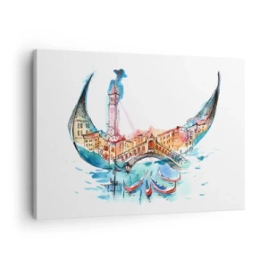 Bild auf Leinwand - Leinwandbild - Eine Aquarellkomposition von Venedig in Form einer Gondel - 70x50cm - Wir segeln durch die Stadt - Moderne Wanddekoration für Wohnzimmer und Schlafzimmer ARTTOR
