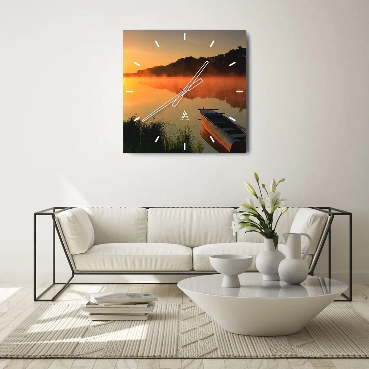 Wanduhr - Glasuhr - Sonnenaufgang über dem Wasser wie ein Spiegel - 40x40 cm