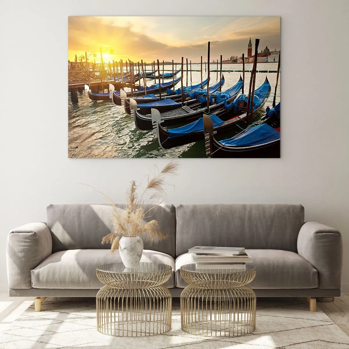 Glasbild - Bild auf glas - Gondeln in Venedig bei Sonnenuntergang - 120x80cm - Bevor das Summen kommt - Moderne Wanddekoration für Wohnzimmer und Schlafzimmer ARTTOR
