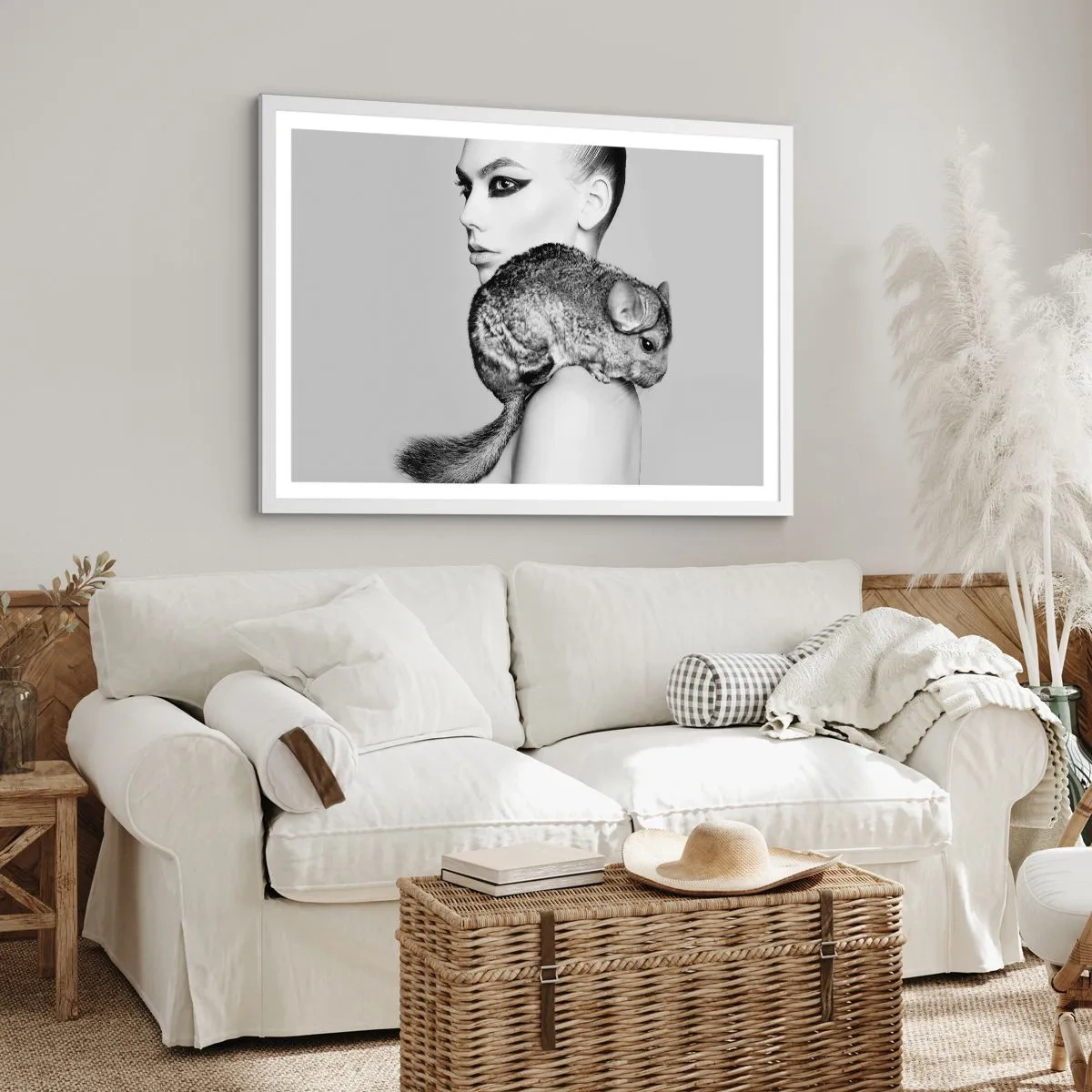 Poster in einem weißen Rahmen - Dame mit einem Chinchilla - 40x30 cm