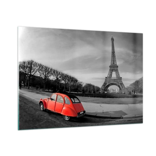 Glasbild - Bild auf glas - Ein rotes Auto mit dem Eiffelturm im Hintergrund in einer schwarz-weißen Umgebung - 100x70cm - Pariser als Paris selbst - Moderne Wanddekoration für Wohnzimmer und Schlafzimmer ARTTOR
