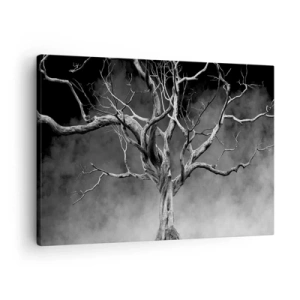 Bild auf Leinwand - Leinwandbild - Ein trockener Baum in Schwarz und Weiß gegen den Nebel - 70x50cm - Ursprünglich und heilig - Moderne Wanddekoration für Wohnzimmer und Schlafzimmer ARTTOR