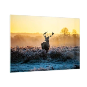 Glasbild - Bild auf glas - Hirsch an einem frostigen Morgen mit dem Sonnenaufgang im Hintergrund - 100x70cm - Gekrönt auf seinem Besitz - Moderne Wanddekoration für Wohnzimmer und Schlafzimmer ARTTOR