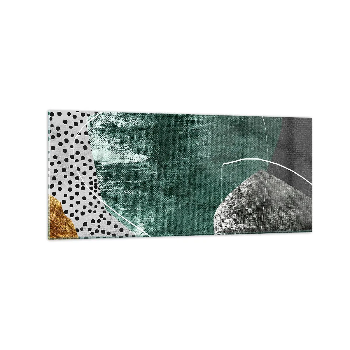 Glasbild - Bild auf glas - Abstrakte Komposition mit grünen Formen und Punktmustern - 120x50cm - Bunte Abstraktion mit Blattgold - Moderne Wanddekoration für Wohnzimmer und Schlafzimmer ARTTOR