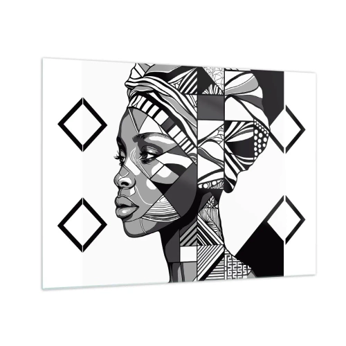 Glasbild - Bild auf glas - Schwarz-weißes ethnisches Porträt einer Frau mit geometrischen Mustern - 70x50cm - Ethnisches Porträt - Moderne Wanddekoration für Wohnzimmer und Schlafzimmer ARTTOR