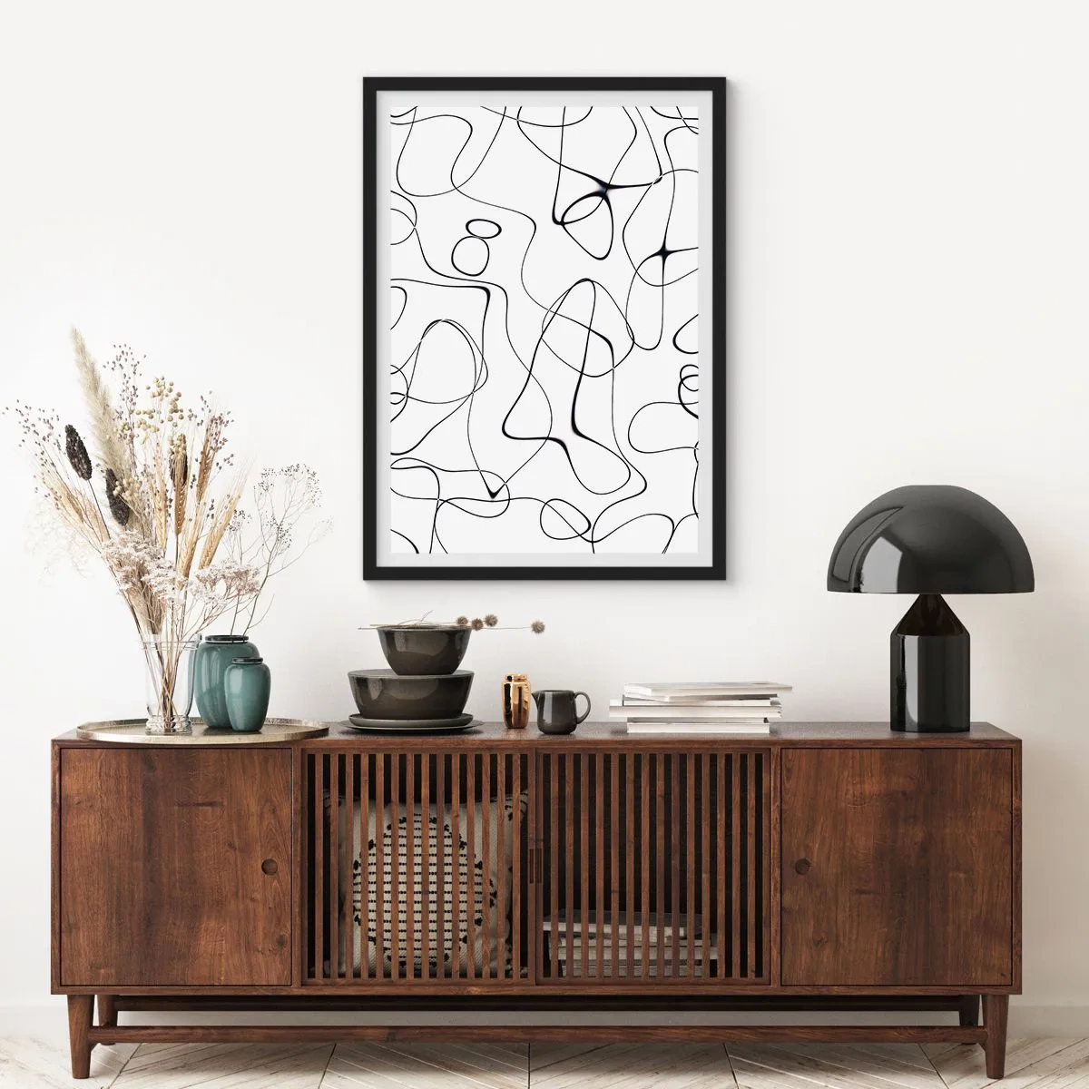 Poster in einem schwarzem Rahmen - Abstrakte schwarze Linien auf weißem Hintergrund - 50x70cm - Lebenswege, Wechselfälle - Moderne Wanddekoration für Wohnzimmer und Schlafzimmer ARTTOR