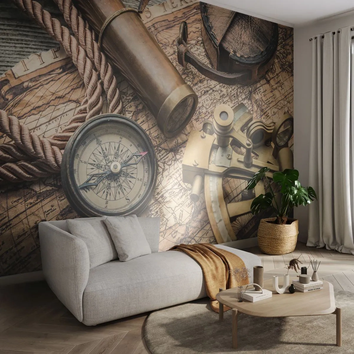 Fototapete Premium Sand - Antiker Kompass, Karte und Navigationsinstrumente - 100x70cm - Setze Sie einen Kurs - Moderne Wanddekoration für Wohnzimmer und Schlafzimmer ARTTOR