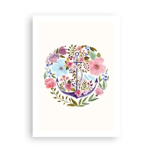 Poster - Ein Aquarellanker, umgeben von Blumen auf hellem Hintergrund. - 50x70cm - Guter Traum eines Seemanns - Moderne Wanddekoration für Wohnzimmer und Schlafzimmer ARTTOR
