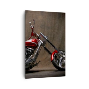 Bild auf Leinwand - Leinwandbild - Rotes Custom-Motorrad vor braunem Stoffhintergrund - 80x120cm - Rote und silberne Schönheit - Moderne Wanddekoration für Wohnzimmer und Schlafzimmer ARTTOR