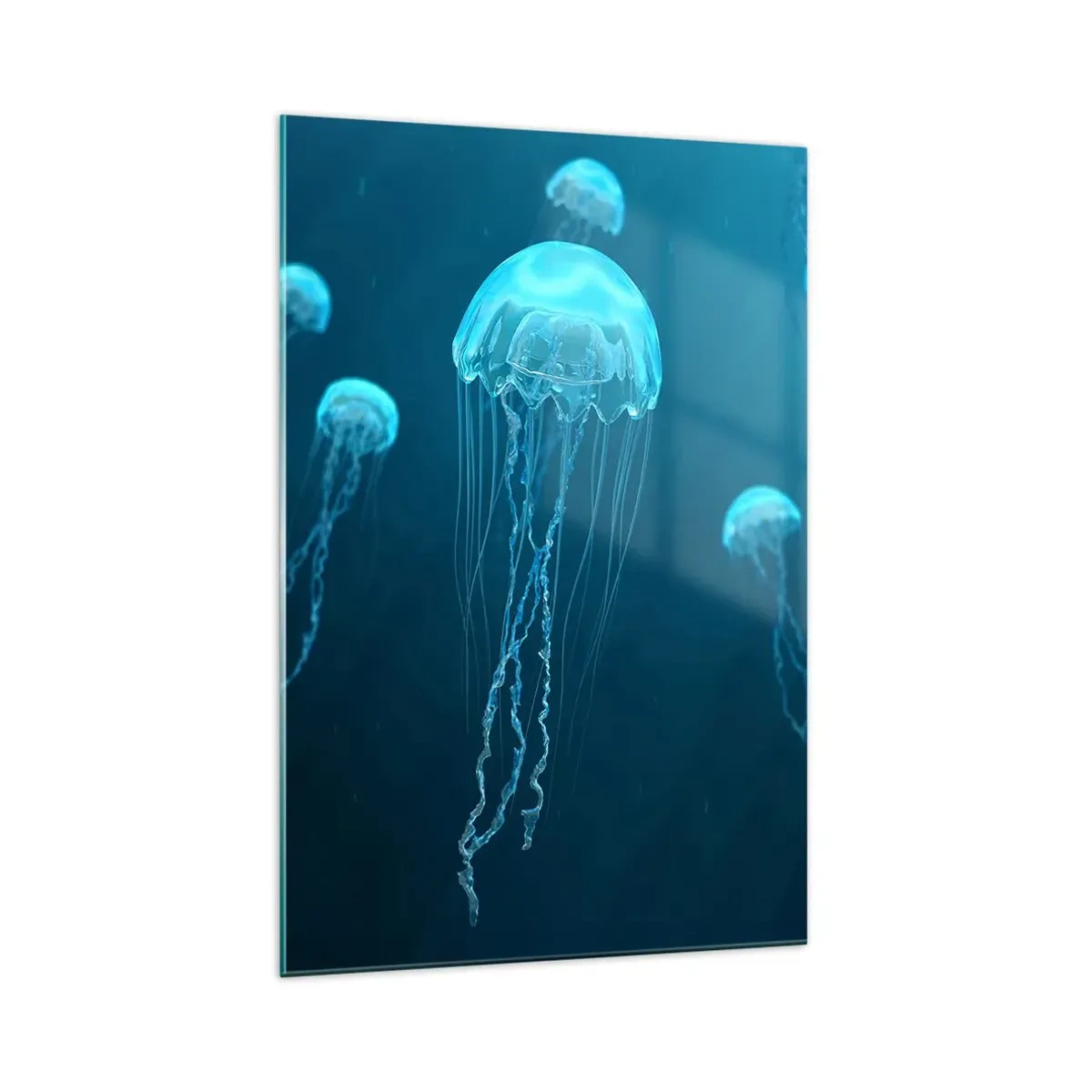 Glasbild - Bild auf glas - Quallen schwimmen in den Tiefen des Ozeans in Blautönen - 70x100cm - Ozeantanz - Moderne Wanddekoration für Wohnzimmer und Schlafzimmer ARTTOR