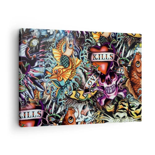 Bild auf Leinwand - Leinwandbild - Farbenfrohe Kunstwerke im Tattoo-Stil mit Totenköpfen und nautischen Motiven - 70x50cm - Der Traum des Tätowierers - Moderne Wanddekoration für Wohnzimmer und Schlafzimmer ARTTOR