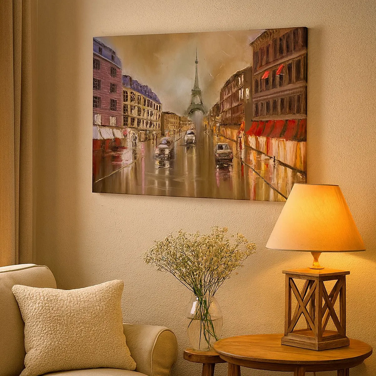 Bild auf Leinwand - Leinwandbild - Abendliches Straßenbild von Paris mit Blick auf den Eiffelturm - 70x50cm - Nur sie zählt - Moderne Wanddekoration für Wohnzimmer und Schlafzimmer ARTTOR