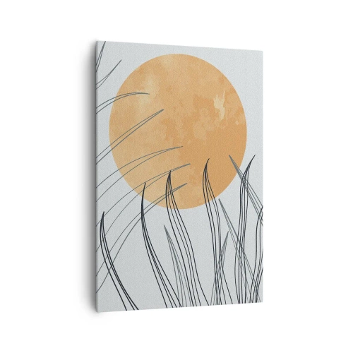 Bild auf Leinwand - Leinwandbild - Abstrakte Grashalme vor dem Hintergrund einer großen orangefarbenen Sonne - 70x100cm - Immer der Sonne entgegen - Moderne Wanddekoration für Wohnzimmer und Schlafzimmer ARTTOR