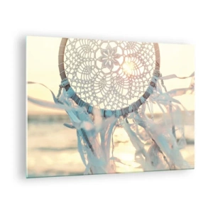 Glasbild - Bild auf glas - Ein Spitzentotem mit zarten Fransen vor dem Hintergrund der untergehenden Sonne über dem Meer. - 70x50cm - Totem aus Spitze - Moderne Wanddekoration für Wohnzimmer und Schlafzimmer ARTTOR