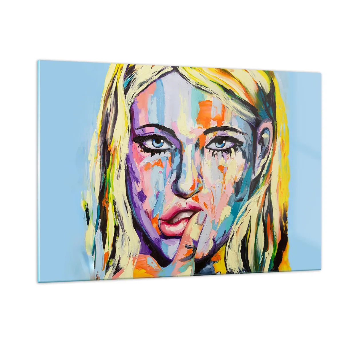 Glasbild - Bild auf glas - Ein farbenfrohes Porträt einer Frau mit nachdenklichem Ausdruck - 120x80cm - Schau ihr direkt in die Augen - Moderne Wanddekoration für Wohnzimmer und Schlafzimmer ARTTOR