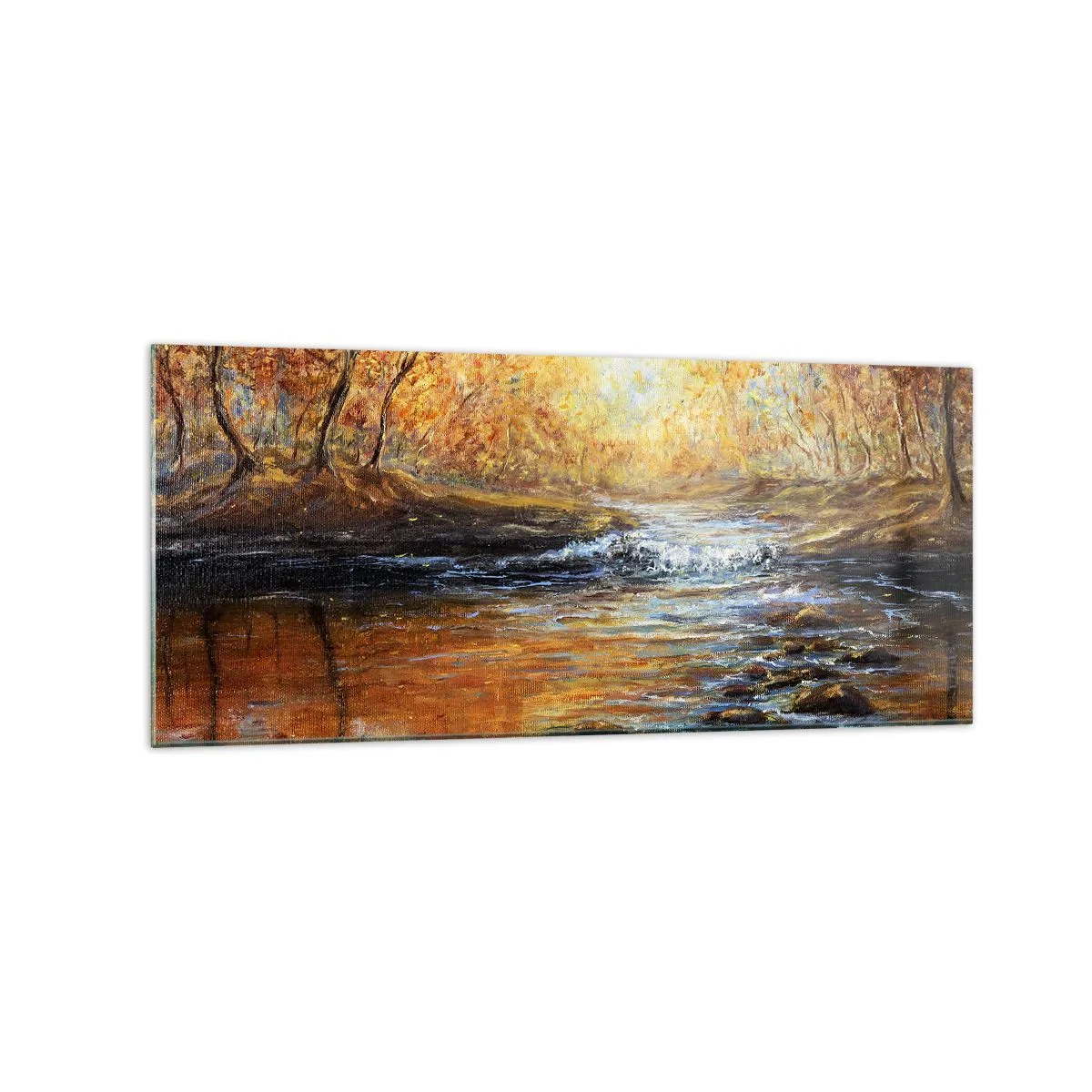 Glasbild - Bild auf glas - Herbstlandschaft mit einem Fluss zwischen den Bäumen - 120x50cm - Der goldene Strom - Moderne Wanddekoration für Wohnzimmer und Schlafzimmer ARTTOR