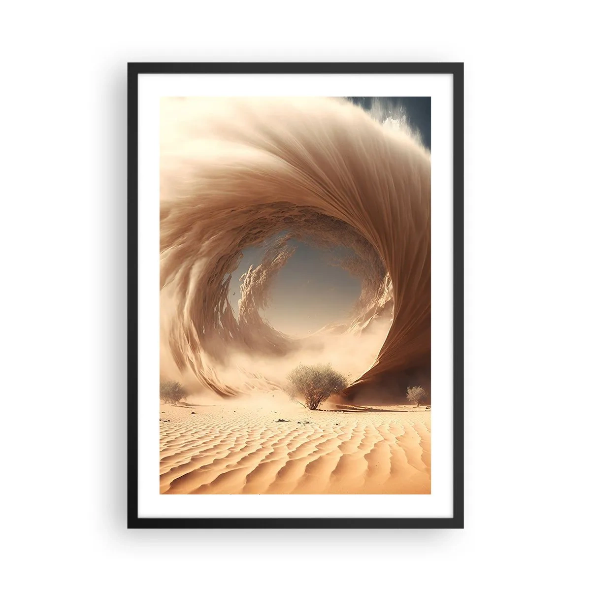 Poster in einem schwarzem Rahmen - Ein phänomenaler Sandwirbel in der Wüste - 50x70cm - Geöffnetes Portal - Moderne Wanddekoration für Wohnzimmer und Schlafzimmer ARTTOR
