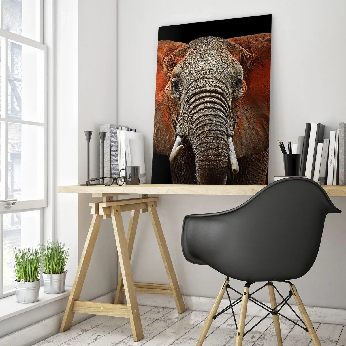 Glasbild - Bild auf glas - Porträt eines majestätischen Elefanten vor schwarzem Hintergrund - 50x70cm - Ich bin wild und du? - Moderne Wanddekoration für Wohnzimmer und Schlafzimmer ARTTOR