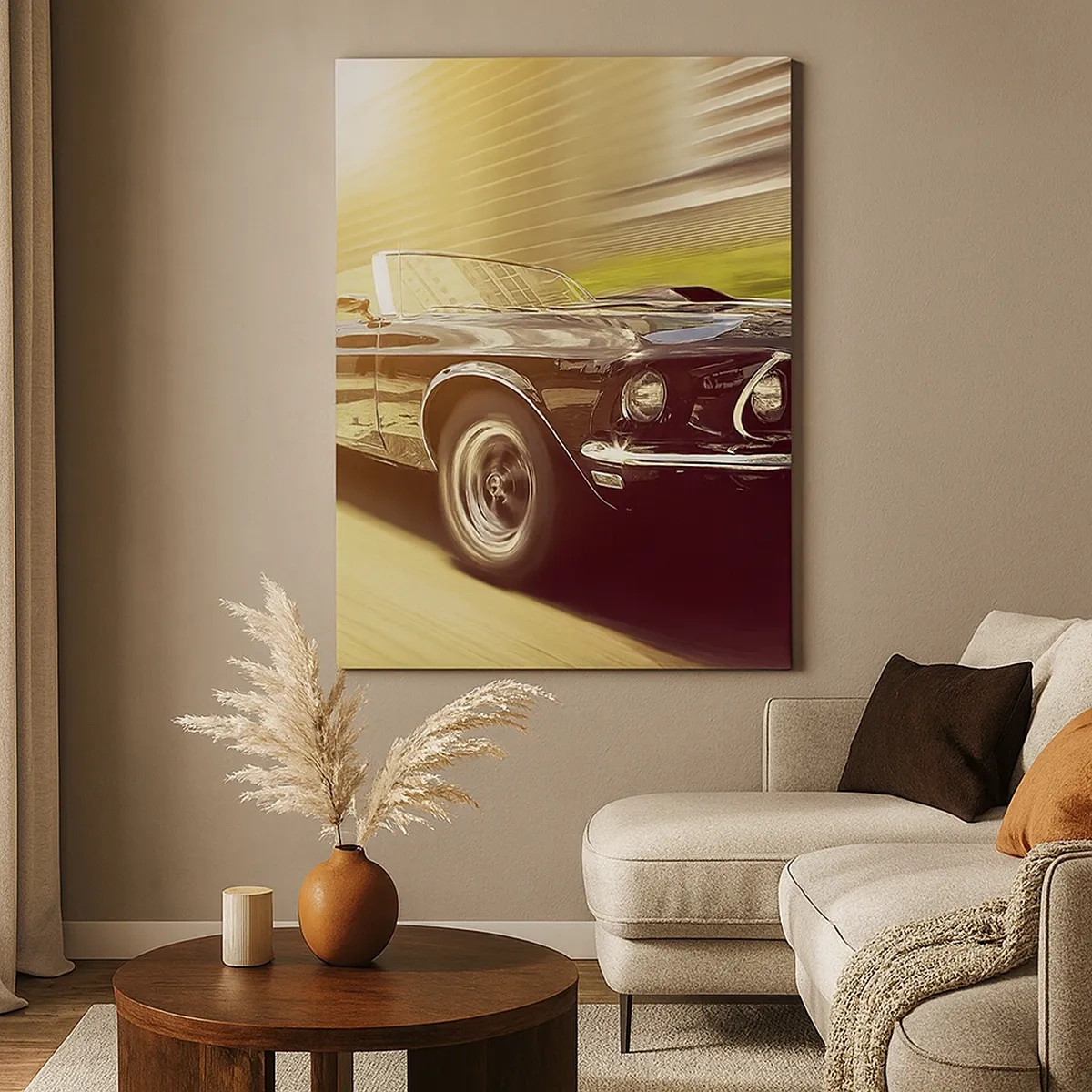 Bild auf Leinwand - Leinwandbild - Ein Oldtimer in Bewegung vor urbaner Kulisse - 50x70cm - 1967 - die Legende kehrt zurück - Moderne Wanddekoration für Wohnzimmer und Schlafzimmer ARTTOR