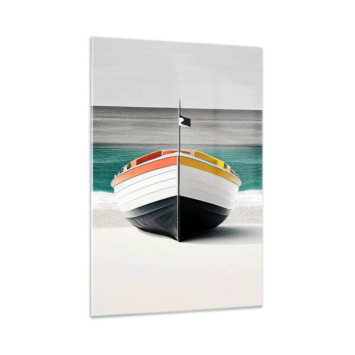 Glasbild - Bild auf glas - Ein Boot am Strand mit türkisfarbenem Meer im Hintergrund - 70x100cm - An seinem Platz - Moderne Wanddekoration für Wohnzimmer und Schlafzimmer ARTTOR